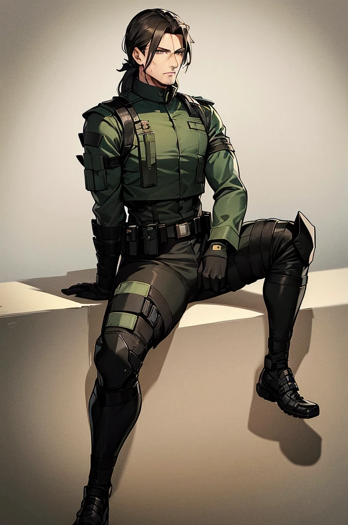 man in a military uniform, snake from metal gear, full - body soldier outfit, clothed in medieval military uniform, spikey black hair, green eyes, brown skin, scars