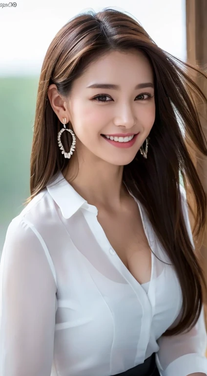 ((Highest quality, 8k, Tabletop: 1.3)), sharp: 1.2, Perfect Body Beauty: 1.4, Slim Abs: 1.2, ((light brown Long Hairstyle,Mid-chest: 1.2)), Cleavage, (Pale white long shirt: 1.1), Highly detailed face and skin texture, Beautiful Eyes, double eyelid, Side view of the camera, Innocent, (Excited: 1.3)、Cute Smile、Big earrings、No sleeve、See-through collar shirt、Long Hair、Hair swaying in the wind、