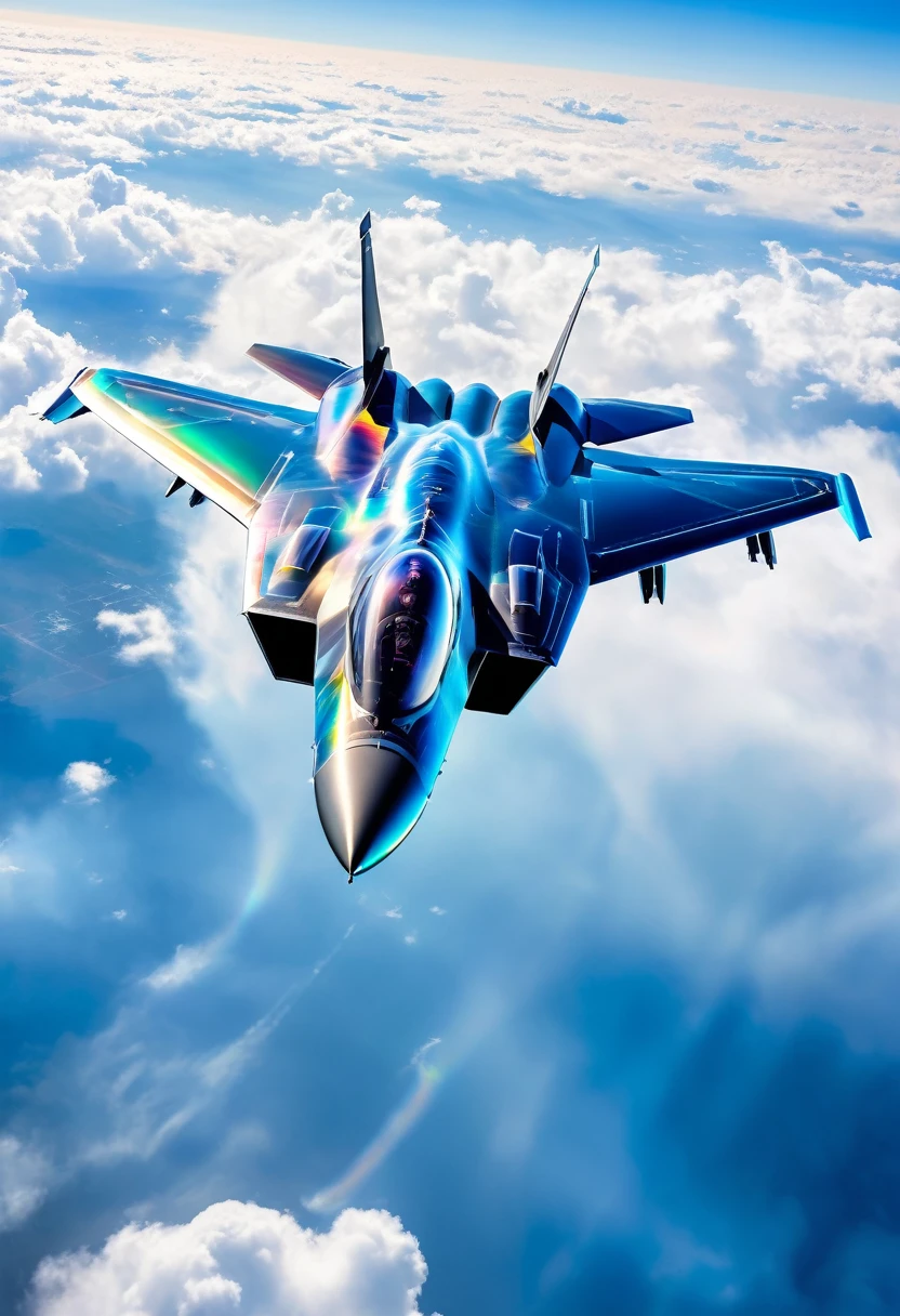 transparent and iridescent stealth fighter jet, blue sky, white clouds, 2.5D, delicate and dynamic