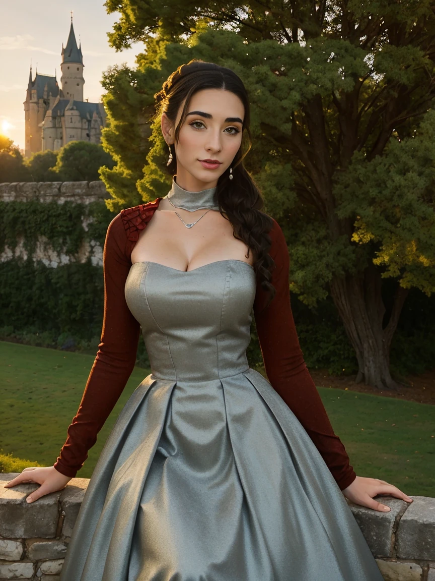 Gorgeous and sultry busty athletic (thin) brunette queen with sharp facial features wearing a modest updo, dark red medieval dress, long sleeves, intricate patterns, scrollwork, wide neck, crown, veil, long dress, modest dress, tight bodice, (silver waist chain), medieval jewelry, Middle Ages, castle, rampart, wall, exterior, on top of a castle wall, trees, countryside, evening, sunset.