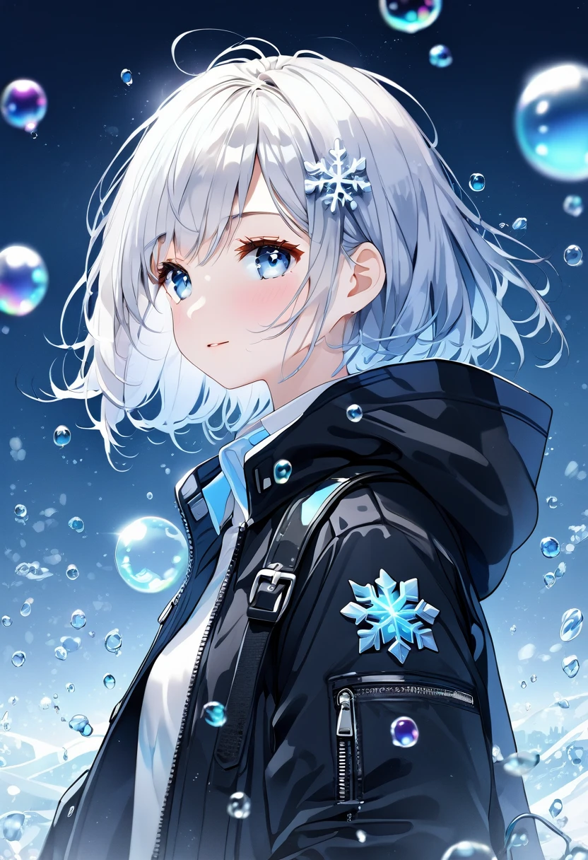 ((Highest quality)), ((masterpiece)), ((Ultra-detailed)), (Very delicate and beautiful), With a girl, solo, Cold attitude,((Black jacket)),She is very(relax)with(Calm)Appearance,Black-haired, Depth of written boundary,Wicked Smile,bubble, Underwater, Air bubbles,bright light blue eyes,Light grey hair with light blue tips and inner color,,,,,,,,,,,,,,Cold Background,Bob Hair - Line Drawing, Shorts、Knee-high socks、Like a white uniform 、Light blue ribbon tie、The clothes are transparent、Put your hands in your pockets、Eyes as bright as sapphires,Frontless Blue, A small blue light was floating、Upward glance、Broken glass、Snowflake hair ornament