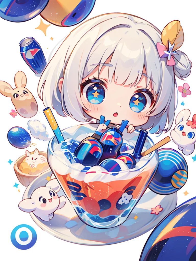 Momoko Sakura style, Kawaii Design, most beautiful girl ever、Chibi, Colorful bob hair、((Lots of friends))、(((Everybody drink Pepsi)))