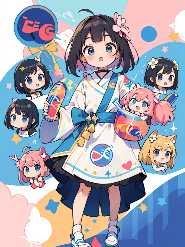 Momoko Sakura style, Kawaii Design, most beautiful girl ever、Chibi, Colorful bob hair、((Lots of friends))、(((Everybody drink Pepsi)))
