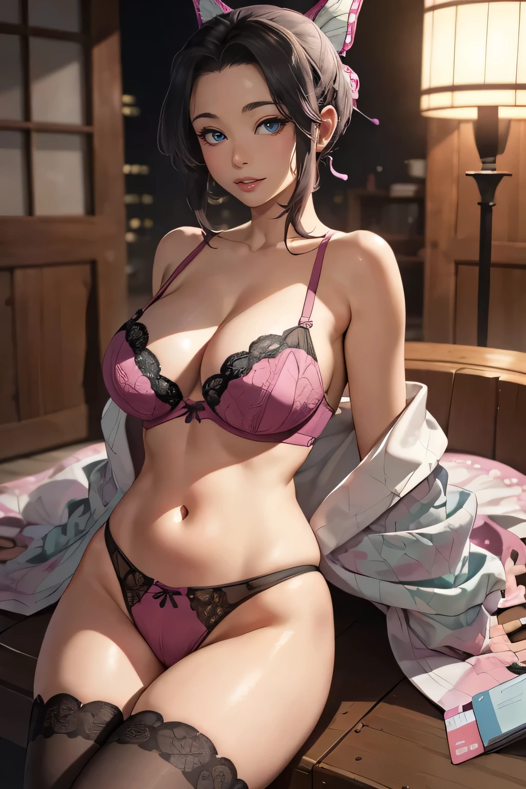 masterpiece, absurdities, shinobu kochou, 1 girl, Alone,mature woman, Detailed pink bra lenjerie, Detailed pink thong lenjerie, stockings, open clothing), perfect composition, Detailed lips, mama, beautiful face, body proportion, blush, (pink lips), perfect hair,  perfect eyes,  soft look,  super realistic, Detailed, Photoshoot, realistic face and body, thighs, whole body, erotic pose, provocative pose, waiting sex pose