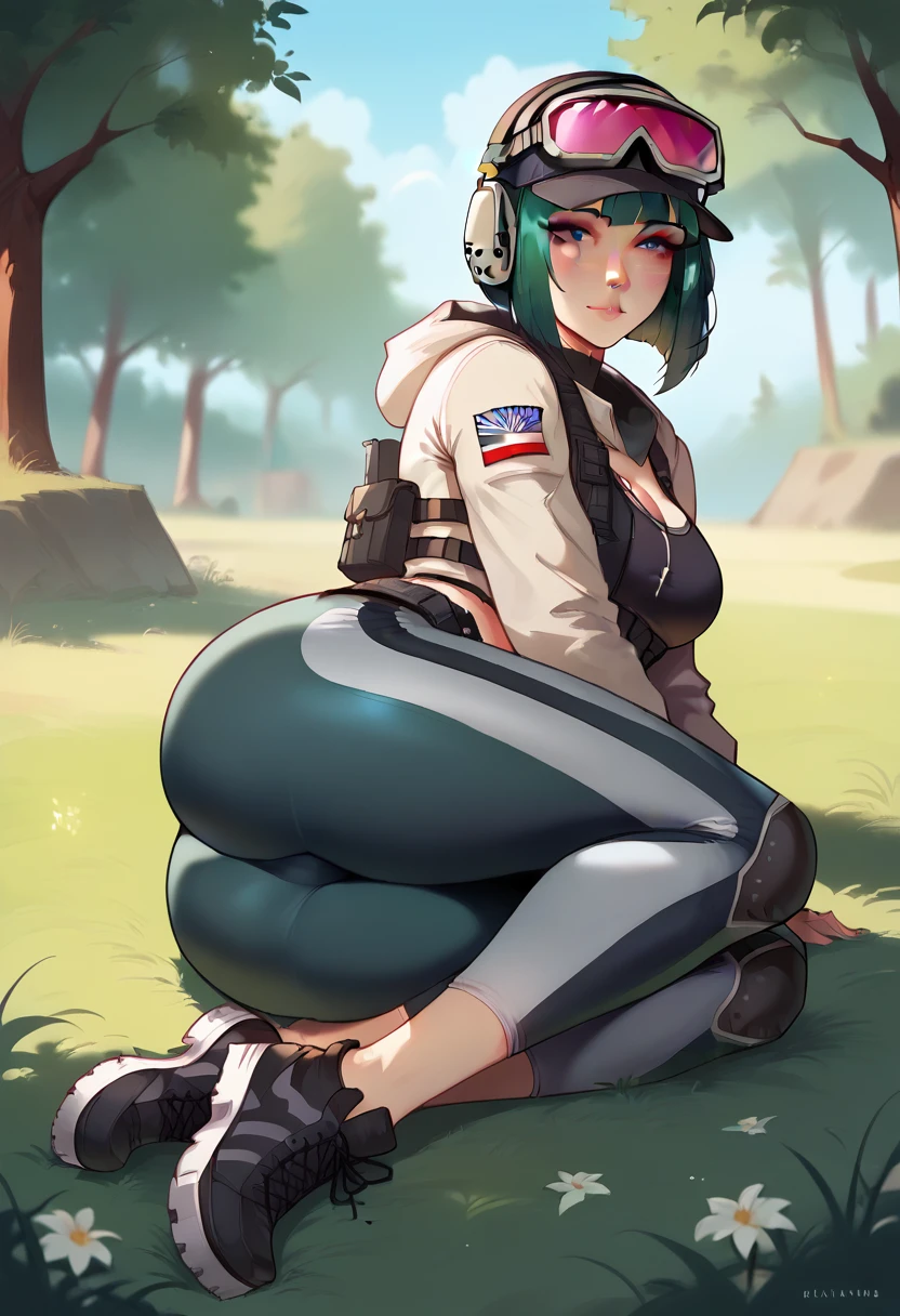 Ela, ela elite \(Rainbow Six Siege\),ela, ela \(Rainbow Six Siege\,,score_9, score_8_up, score_7_up, score_6_up, score_5_up, score_4_up, 8k, (Nyantcha Style), Expressiveh, 1girl, beautiful, sexy, cute, highres image, masterpiece, perfect eyes, perfect face
, outdoors,field,lying,on side,full body,facing away,arm support,big butt