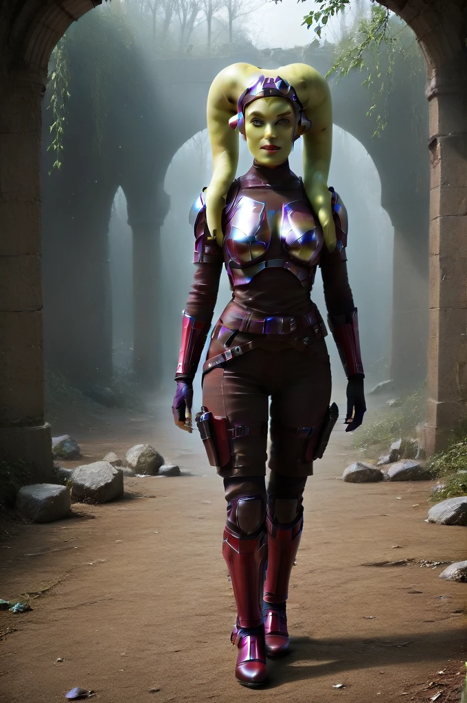 a ((fall body)) (((hera syndulla))) ((green skin )) ((female twi'lek ))mandalorian,walking on snow coverd ruins , ((green fire eyes )) , beautiful detailed eyes, beautiful detailed lips, extremely detailed face, long eyelashes, mandalorian armor, sci-fi, cinematic lighting, dramatic, epic, intricate details, hyper-realistic, 8k, high-quality, photorealistic