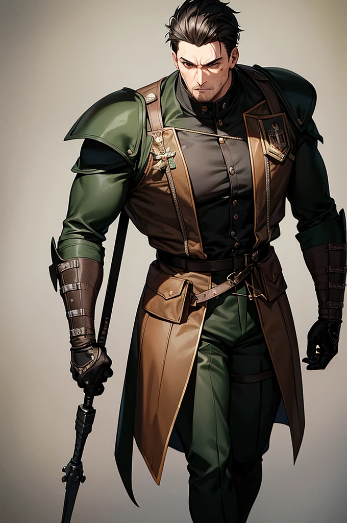 Content: A man with brown skin, spikey black hair, and green eyes is dressed in a full-body military uniform that blends modern and medieval elements. The outfit takes inspiration from the character Snake from Metal Gear but incorporates medieval military design. Scars mark his face, giving him a rugged and battle-hardened look.
Medium: Digital art, character illustration.
Style: Detailed, realistic anime style, reminiscent of video game character designs like Metal Gear, with a historical twist incorporating medieval military aesthetics.
Lighting: Strong, directional lighting to emphasize the textures of his uniform and the contours of his muscular frame. Shadows accentuate his facial scars and the details of his outfit.
Colours: A palette of dark greens, browns, and blacks, with subtle metallic highlights to bring out the textures and materials of the uniform.
Composition: A full-body shot with a 50mm lens, focusing on the man’s imposing figure. The background is minimalistic, ensuring the attention remains on his detailed design and strong presence. The blend of modern and medieval elements in his uniform suggests a unique, alternate historical setting.