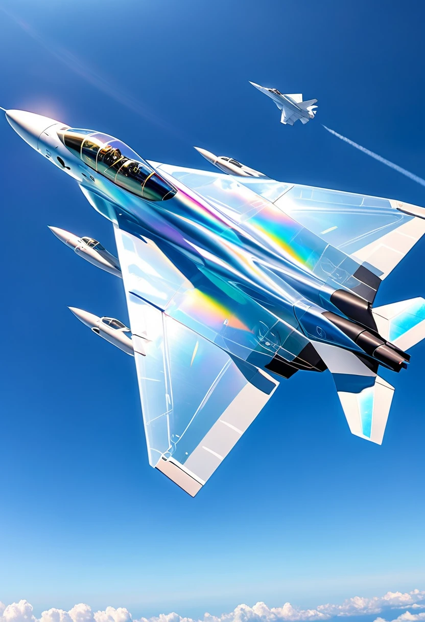 transparent and iridescent stealth fighter jet, blue sky, white clouds, 2.5D, delicate and dynamic