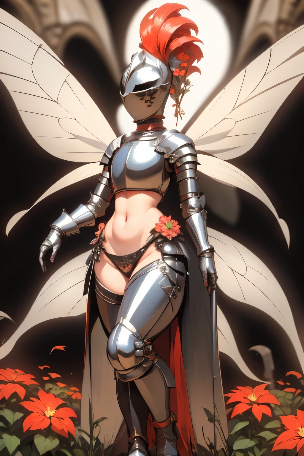 masterpiece, best quality, butterfly wings, (full body, full armor), kardiaofrhodes, helmet, plume, gauntlets, thighhighs, (tassets:1.5), navel, breastplate, wide hips, (queen of fairy, with ornaments and flowers on top, flowers background:1.2)