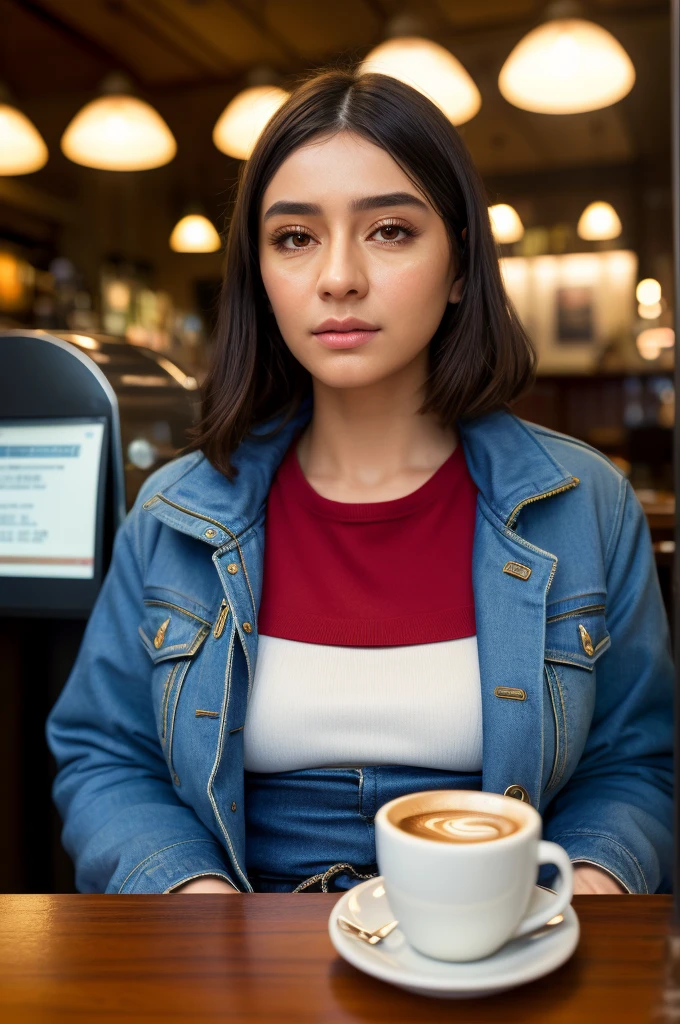 real, realisitic, atmospheric scene, work of art, best qualityer, (face detailed, skin texture detail, ultra-detailed body:1.1),cinematic light,
d1an31an3-smf in a cafe having a coffee wearing a casual outfit, jaket