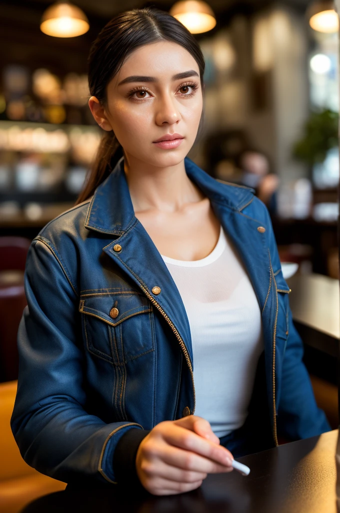 real, realisitic, atmospheric scene, work of art, best qualityer, (face detailed, skin texture detail, ultra-detailed body:1.1),cinematic light,
d1an31an3-smf in a cafe having a coffee wearing a casual outfit, jaket