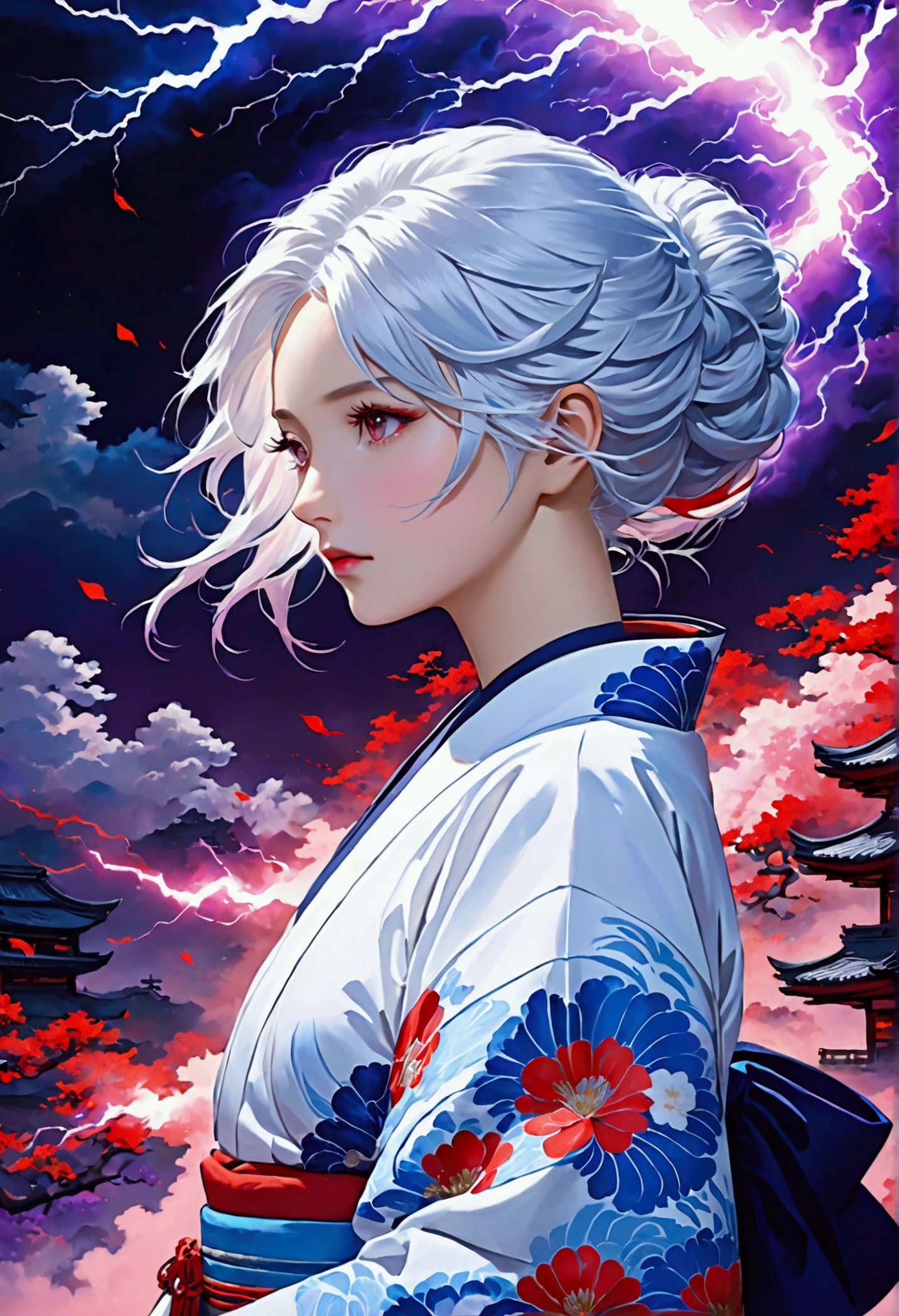 White hair and light blue hair White and navy blue kimono In the background, red and blue energy collide, creating purple lightning.