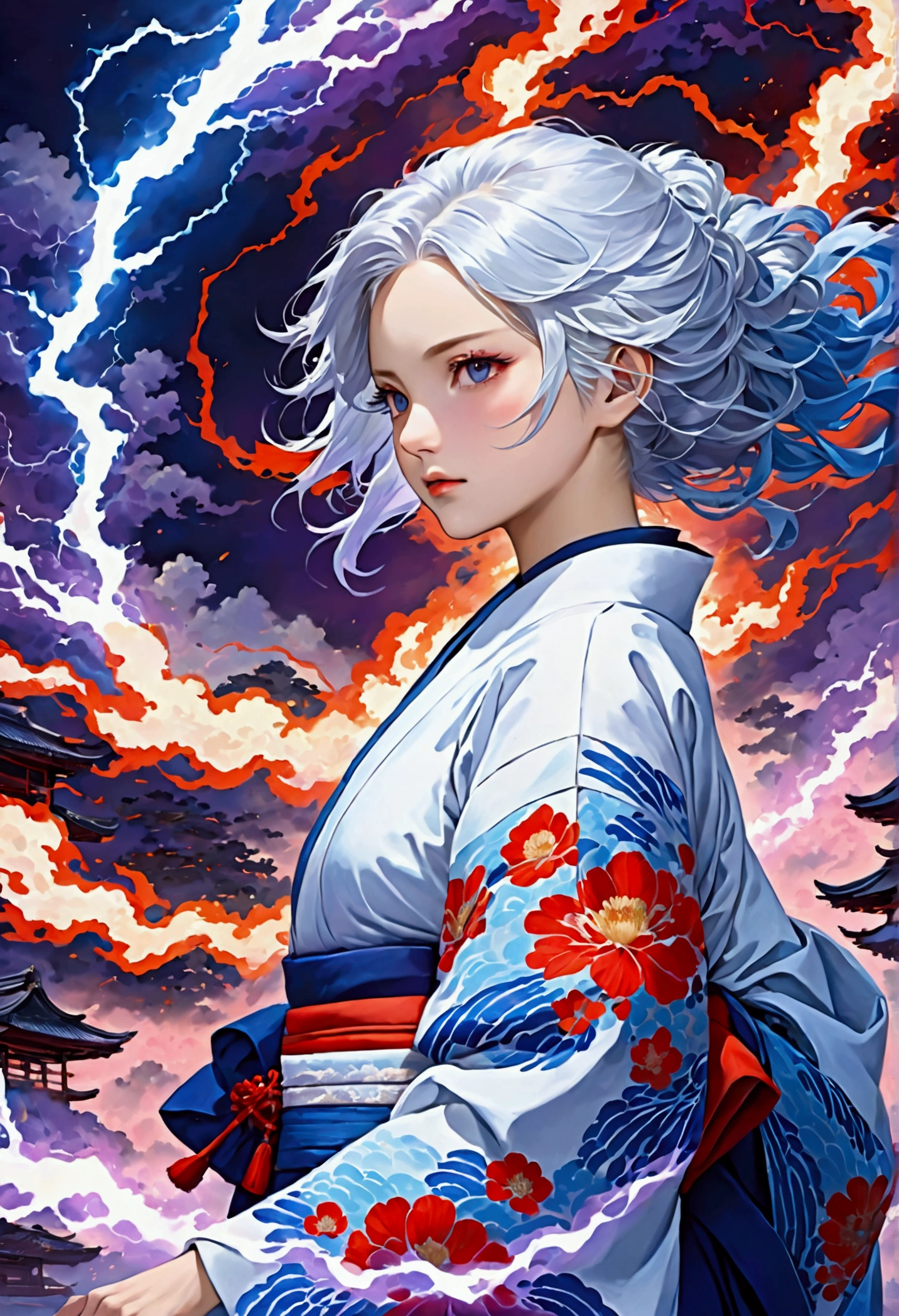White hair and light blue hair White and navy blue kimono In the background, red and blue energy collide, creating purple lightning.