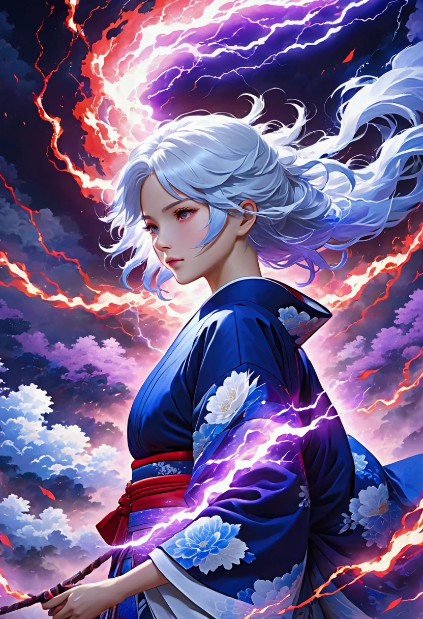 White hair and light blue hair White and navy blue kimono In the background, red and blue energy collide, creating purple lightning.