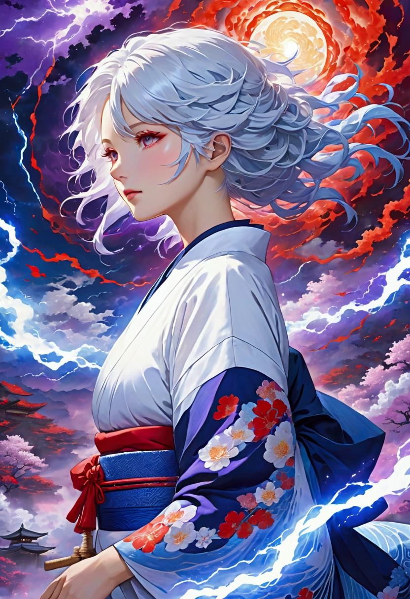White hair and light blue hair White and navy blue kimono In the background, red and blue energy collide, creating purple lightning.