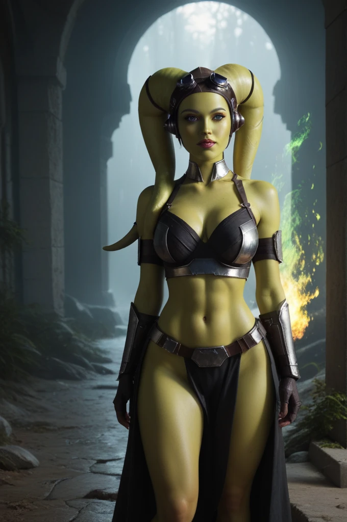 a ((fall body)) (((hera syndulla))) ((green skin )) ((female twi'lek ))mandalorian,walking on snow coverd ruins , ((green fire eyes )) , beautiful detailed eyes, beautiful detailed lips, extremely detailed face, long eyelashes, mandalorian armor, sci-fi, cinematic lighting, dramatic, epic, intricate details, hyper-realistic, 8k, high-quality, photorealistic