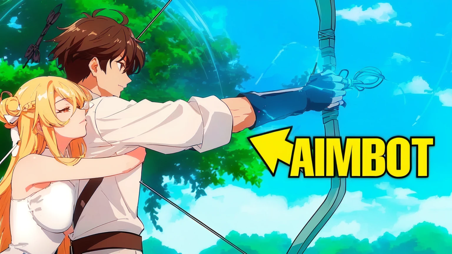 a woman with black hair and black clothes and a man with white hair white black clothes are hugging each other while holding a bow and arrow, anime men with bow and arrow, aiming, anime fencer, aiming at bow and arrow, wielding a bow, archer boy, epic anime style, anime style , trigger Anime art style, archer bow, anime photo, anime style, Anime art style