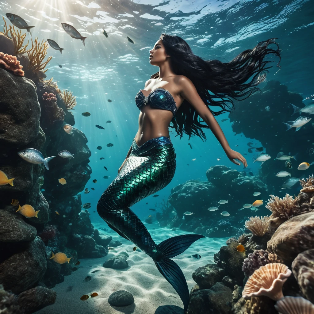 A realistic intricately detailed beautiful mermaid with long black hair saving a sailor from drowning underwater featuring A realistic beautiful underwater scenery: featuring schools of fishes, rocks, seaweed, seashells: wide shot, cinematic lighting, Raw style, professional cinematic photography, dynamic lighting, ultra HD resolution, dynamic lighting blends seamlessly with natural light, hyper realistic quality.