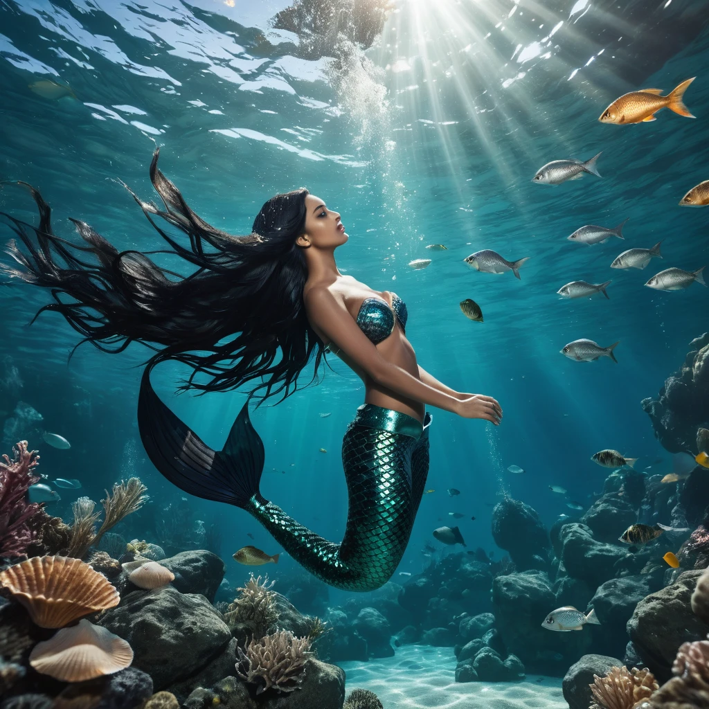 A realistic intricately detailed beautiful mermaid with long black hair saving a sailor from drowning underwater featuring A realistic beautiful underwater scenery: featuring schools of fishes, rocks, seaweed, seashells: wide shot, cinematic lighting, Raw style, professional cinematic photography, dynamic lighting, ultra HD resolution, dynamic lighting blends seamlessly with natural light, hyper realistic quality.