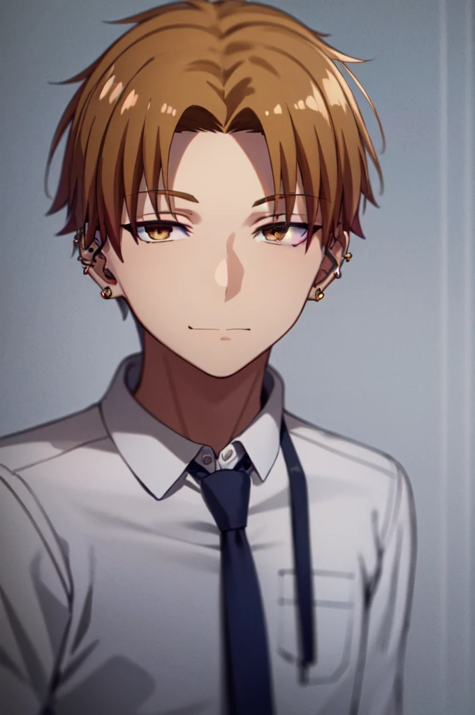Masterpiece, best quality, 1boy, upper body, necktie, ((ear piercing)), closed mouth, simple backround, blonde hair, short hair, brown eyes, looking at viewer, face, smirk