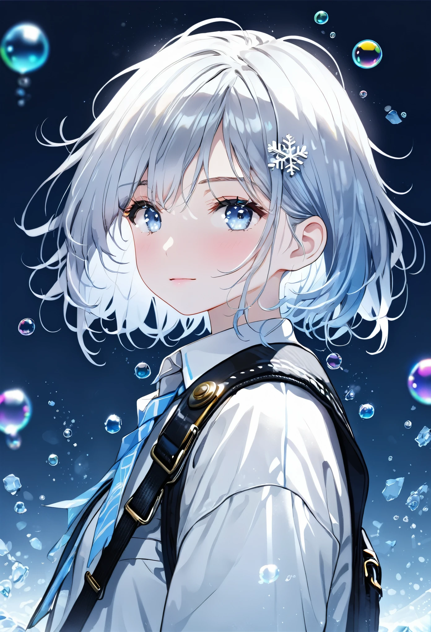 ((Highest quality)), ((masterpiece)), ((Ultra-detailed)), (Very delicate and beautiful), With a girl, solo, Cold attitude,((Black jacket)),She is very(relax)with(Calm)Appearance,Black-haired, Depth of written boundary,Wicked Smile,bubble, Underwater, Air bubbles,bright light blue eyes,Light grey hair with light blue tips and inner color,,,,,,,,,,,,,,Cold Background,Bob Hair - Line Drawing, Shorts、Knee-high socks、Like a white uniform 、Light blue ribbon tie、The clothes are transparent、Put your hands in your pockets、Eyes as bright as sapphires,Frontless Blue, A small blue light was floating、Upward glance、Broken glass、Snowflake hair ornament