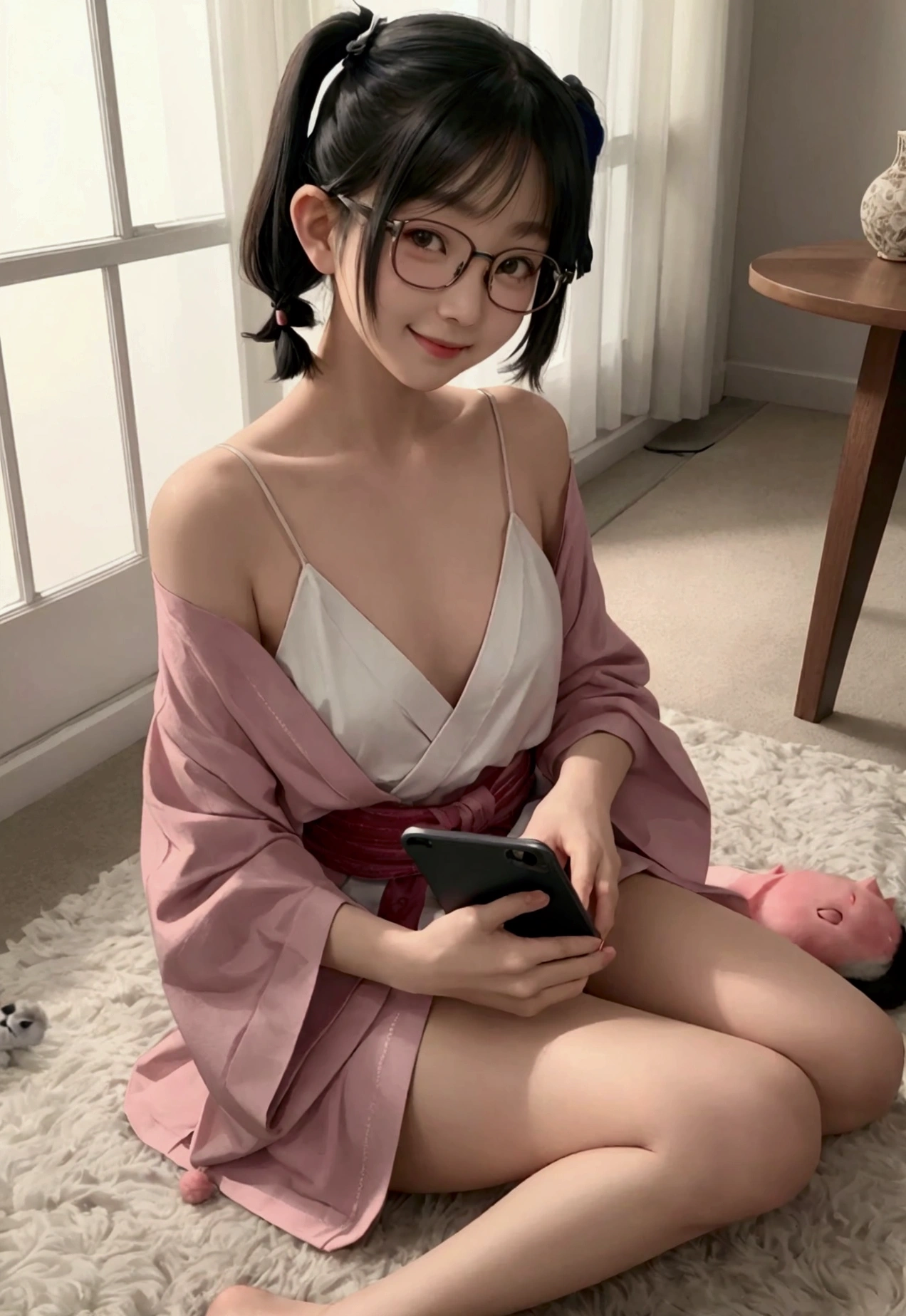 A Japanese girl in  wearing glasses with short bob silky hair in pigtails, topless, sitting with her legs up on the living room fur carpet, holding a smartphone, smiling faintly while looking at the cellphone, with a cute cat beside her, facing an intricately designed room with beautiful pastel colors, capturing a moment of relaxation and friendship, in oil paint and fine ink paint style.