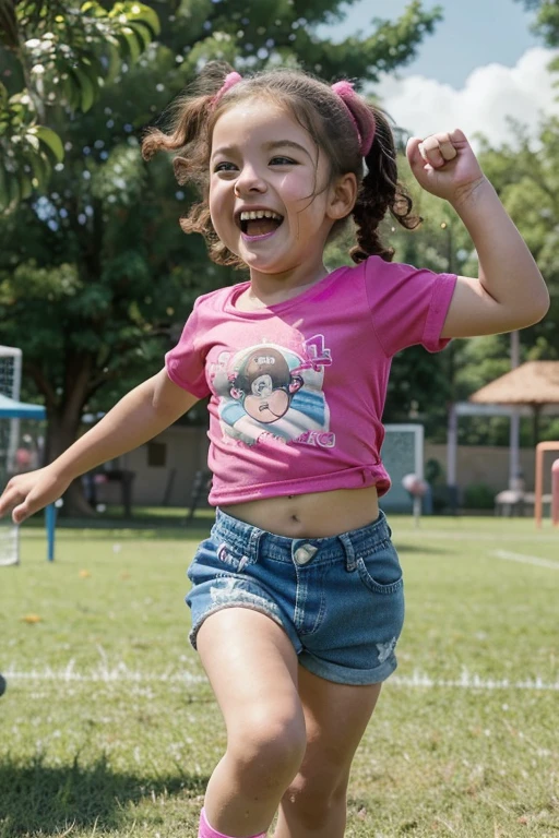 A cute baby girl, around 2-3 years old, with curly pigtails, kicks a football in a sunny park. She wears a bright pink t-shirt and denim shorts. She giggles and runs after the ball, her tiny feet clumsily but determinedly chasing it. Her joy is contagious as she scores a goal and celebrates with laughter.
