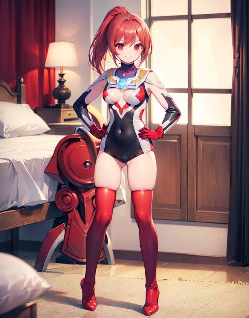 (Close-up:1.3),Realistic,Highest quality, Ultra Detail, High-quality CG rendering, The most delicate and beautiful, Floating softly, High resolution, (1 female), (Highest quality,4K,8k,masterpiece:1.2),(All red hair:1.5), (ponytail:1.5),(Red eyes:1.5), (Ultra Girl:1.0), (All red Ultraman bodysuit:1.4),(Do not expose your skin:1.5),(Slightly larger breasts:1.2),(Red gloves:1.4),(Red Shoes:1.4),(whole body:1.3),(smile:1.3),Small room,bed,(Are standing:1.3),(Place your hands on your hips:1.3)
