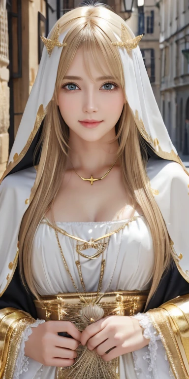 Realistic、Highest quality、Highest quality、masterpiece、Ultra-high resolution、RAW Photos、Realistic、Bright lighting、Face Light、Smooth Professional Lighting、Looking into the camera、alone、Adult female、Beautiful woman、Super Beauty、Realistic肌、Moisturized Skin、Realistic eyes and faces、Perfect model body shape、Beautiful Eyes、Big eyes、Inconspicuous tear bags、slim、Medium size big、Beautiful fingers、Long Hair、Blonde、black eye、looks happy、Cowboy Shot、(Both ears are covered by hair)、(((White and Gold Witch Costume)))、Fantasy World、Medieval European streets
