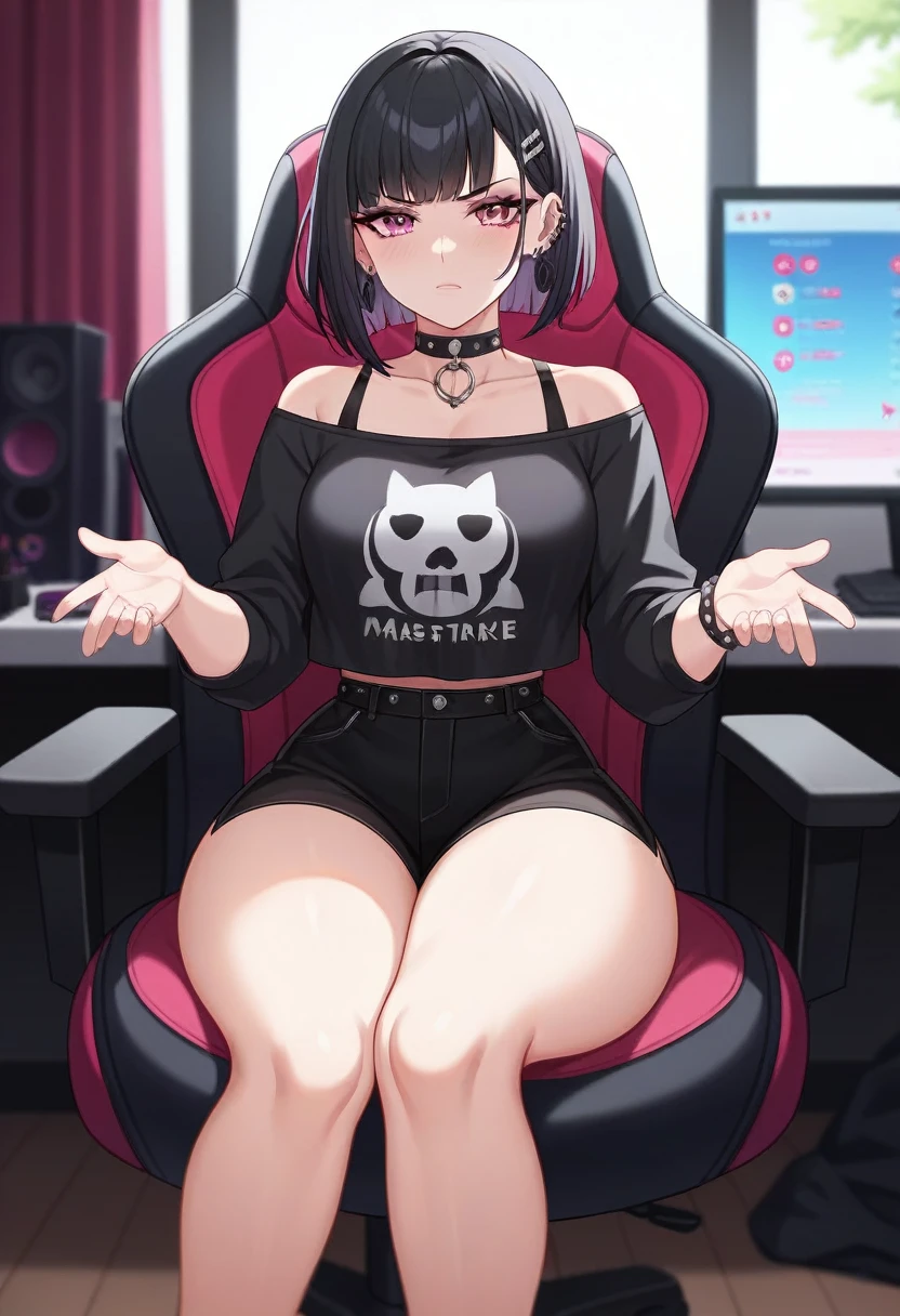 Adult, Female, Black hair, pink eyes, goth girl, gothic, goth clothing, goth make up, thick thighs, medium chest, annoyed, disgruntled, sitting in gaming chair, gt racing chair, black and white chair, bedroom, gothic bedroom, aesthetic bedroom, Masterpiece, Accurate, Anatomically Correct, Best Quality, High Details, Detail, Super Detailed, Best detail, Perfect detail, Amazing detail, [-3, 3], perfect hands, best hands, best fingers, perfect fingers, perfect body, best body, amazing body, Looking at viewer, front facing, upper body shot,
