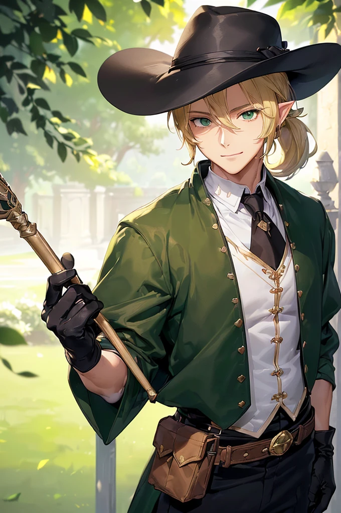 (((masterpiece; best quality: 1.2))), (finely detailed eyes: 1.3), (25 year old elf man), (solo), (green eyes: 1.4), (body; toned, fit, masculine: 1.3), (silky blonde hair in low ponytail: 1.3), (beautiful and clear background: 1.2), ((depth of field)), (equipment: adventurer garb + modest + elegant wide-brim hat + dark coat + light-colored tunic + dark long cape + black pants + gloves + belt + pouches: 1.3), (anime illustration: 1.2), (background composition; royal garden: 1.1), (extremely fine and handsome: 1.1), (shot composition; standing + centered on torso + close-up: 1.5), (expression; calm, smile: 1.2)
