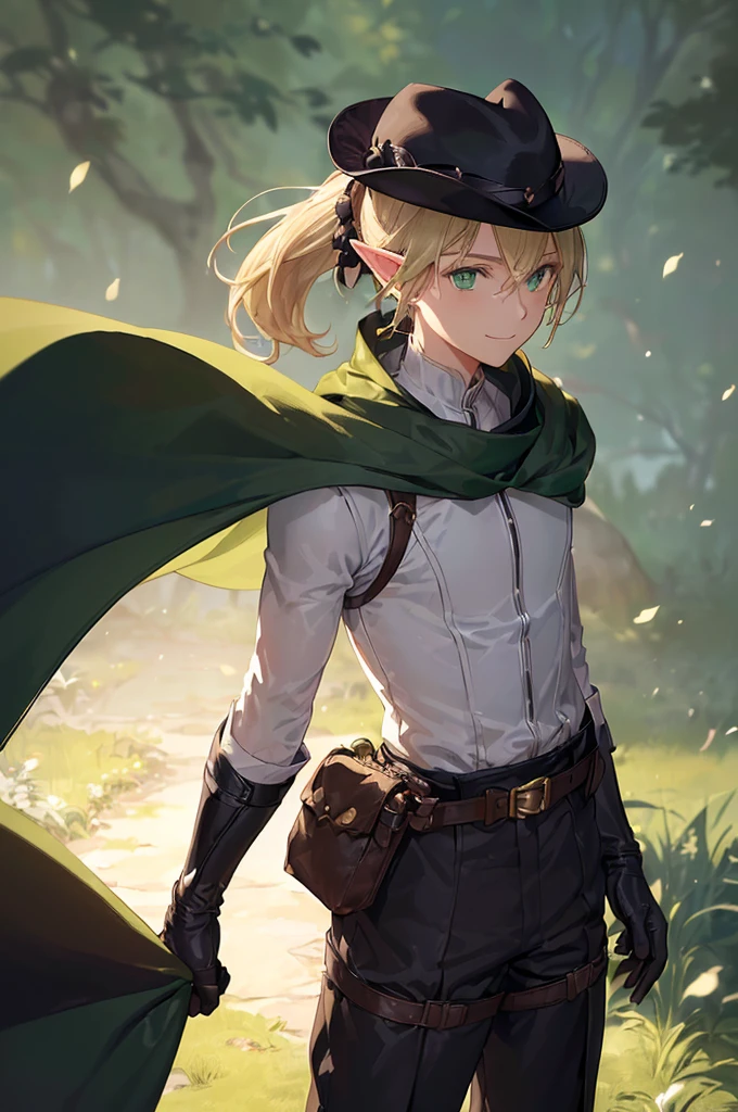 (((masterpiece; best quality: 1.2))), (finely detailed eyes: 1.3), (25 year old elf man), (solo), (green eyes: 1.4), (body; toned, fit, masculine: 1.3), (silky blonde hair in low ponytail: 1.3), (beautiful and clear background: 1.2), ((depth of field)), (equipment: adventurer garb + modest + elegant wide-brim hat + dark coat + light-colored tunic + dark long cape + black pants + gloves + belt + pouches: 1.3), (anime illustration: 1.2), (background composition; royal garden: 1.1), (extremely fine and handsome: 1.1), (shot composition; standing + centered on torso + close-up: 1.5), (expression; calm, smile: 1.2)