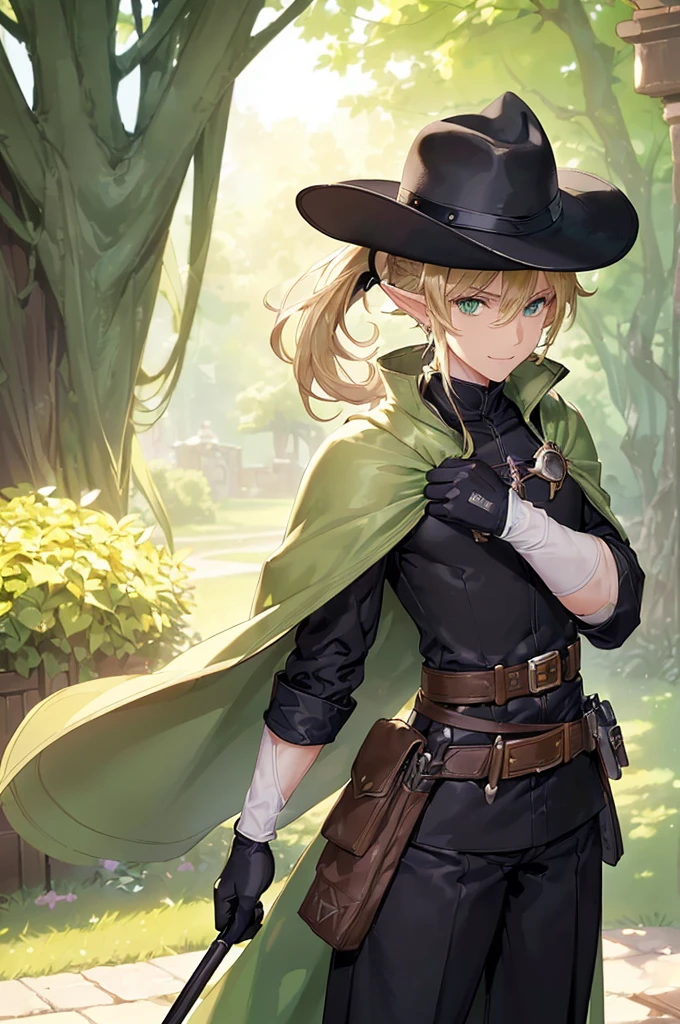 (((masterpiece; best quality: 1.2))), (finely detailed eyes: 1.3), (25 year old elf man), (solo), (green eyes: 1.4), (body; toned, fit, masculine: 1.3), (silky blonde hair in low ponytail: 1.3), (beautiful and clear background: 1.2), ((depth of field)), (equipment: adventurer garb + modest + elegant wide-brim hat + dark coat + light-colored tunic + dark long cape + black pants + gloves + belt + pouches: 1.3), (anime illustration: 1.2), (background composition; royal garden: 1.1), (extremely fine and handsome: 1.1), (shot composition; standing + centered on torso + close-up: 1.5), (expression; calm, smile: 1.2)