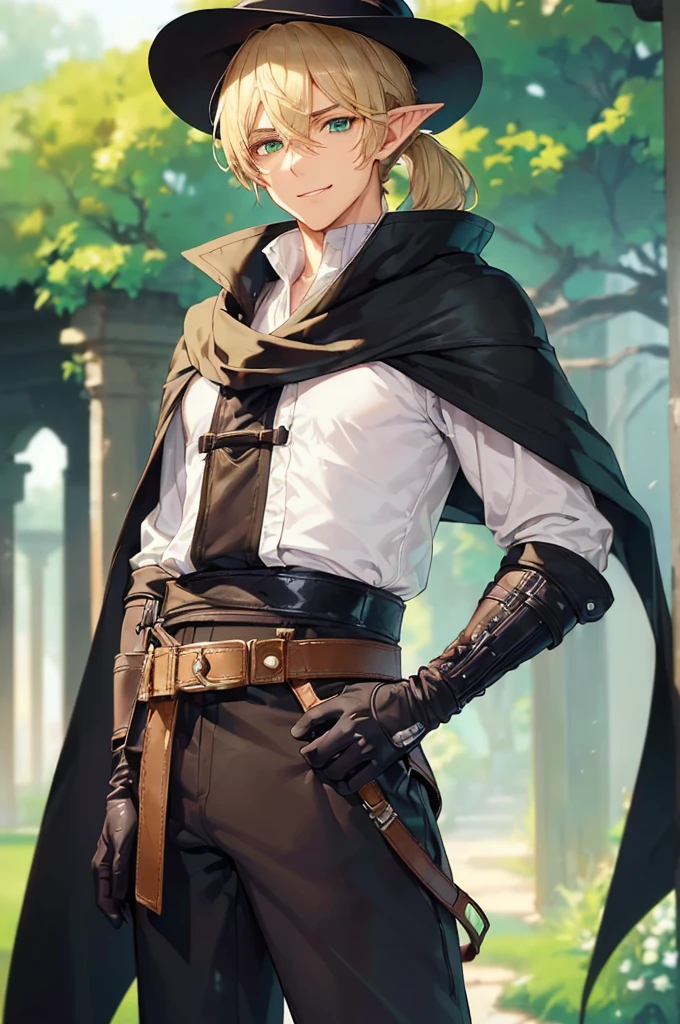 (((masterpiece; best quality: 1.2))), (finely detailed eyes: 1.3), (25 year old elf man), (solo), (green eyes: 1.4), (body; toned, fit, masculine: 1.3), (silky blonde hair in low ponytail: 1.3), (beautiful and clear background: 1.2), ((depth of field)), (equipment: adventurer garb + modest + elegant wide-brim hat + dark coat + light-colored tunic + dark long cape + black pants + gloves + belt + pouches: 1.3), (anime illustration: 1.2), (background composition; royal garden: 1.1), (extremely fine and handsome: 1.1), (shot composition; standing + centered on torso + close-up: 1.5), (expression; calm, smile: 1.2)