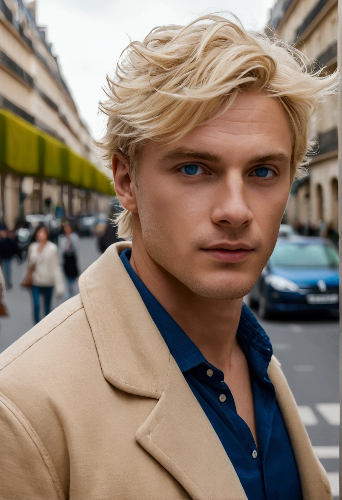 photo of a beautiful and stunning Australian man, blue colored eyes, short light blonde hair, messy and windy, O cabelo, close up zoomed in tight cropped portrait, walking through Paris, in France:1.2) wearing an (designer casual clothes:1.3) (Expensive cell phone in hand:1.3) (Lighting-Gold:1.2) background details of foreground objects (work of art:1.2) (photorrealistic:1.2) (bokeh:1.2) (best qualityer) (color grading) (skin detailed:1.3) (Intricate) (8k) (HDR) (cinematic lighting:1.3) (sharp focus), cabelo messy and windy