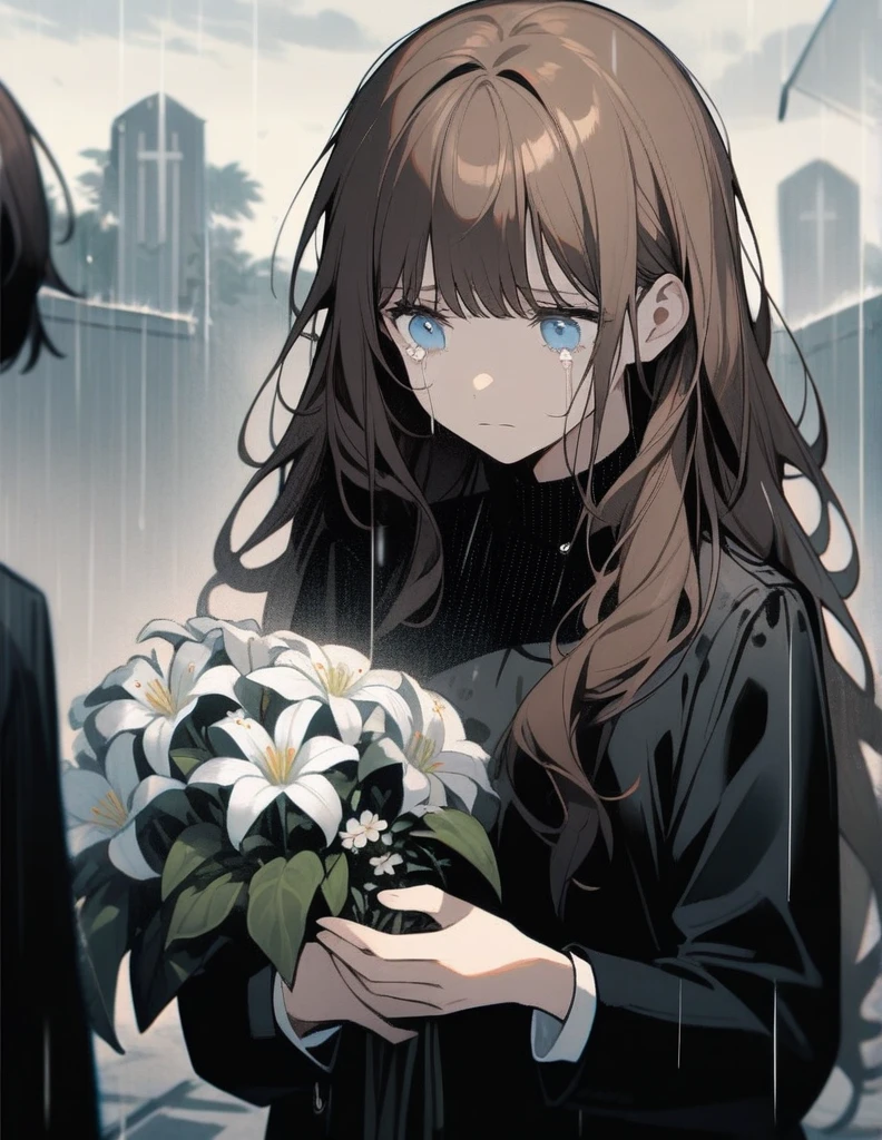 1 girl, brown hair, blue eyes, long hair with bangs, disheveled hair, dressed in a black dress and a black jacket, white flowers in her hands, crying, sad, very sad, funeral, outside, rain, cloudy, delicate tones