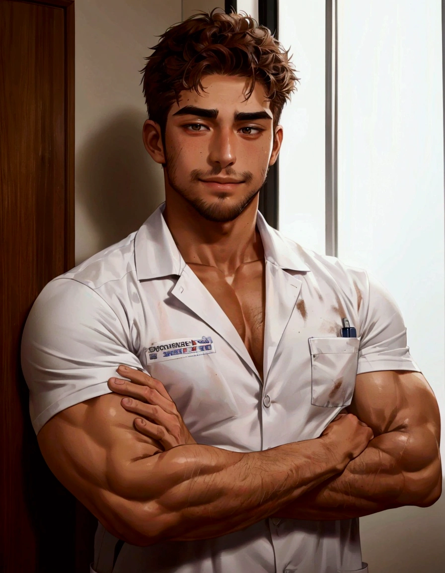 Medium shot,Medicine student,Cross your arms over your chest, cool , masculine,big muscle, 22 year old,tan skin,(messy brown hair),soft facial hair,handsome , in university ,confidence,smirk