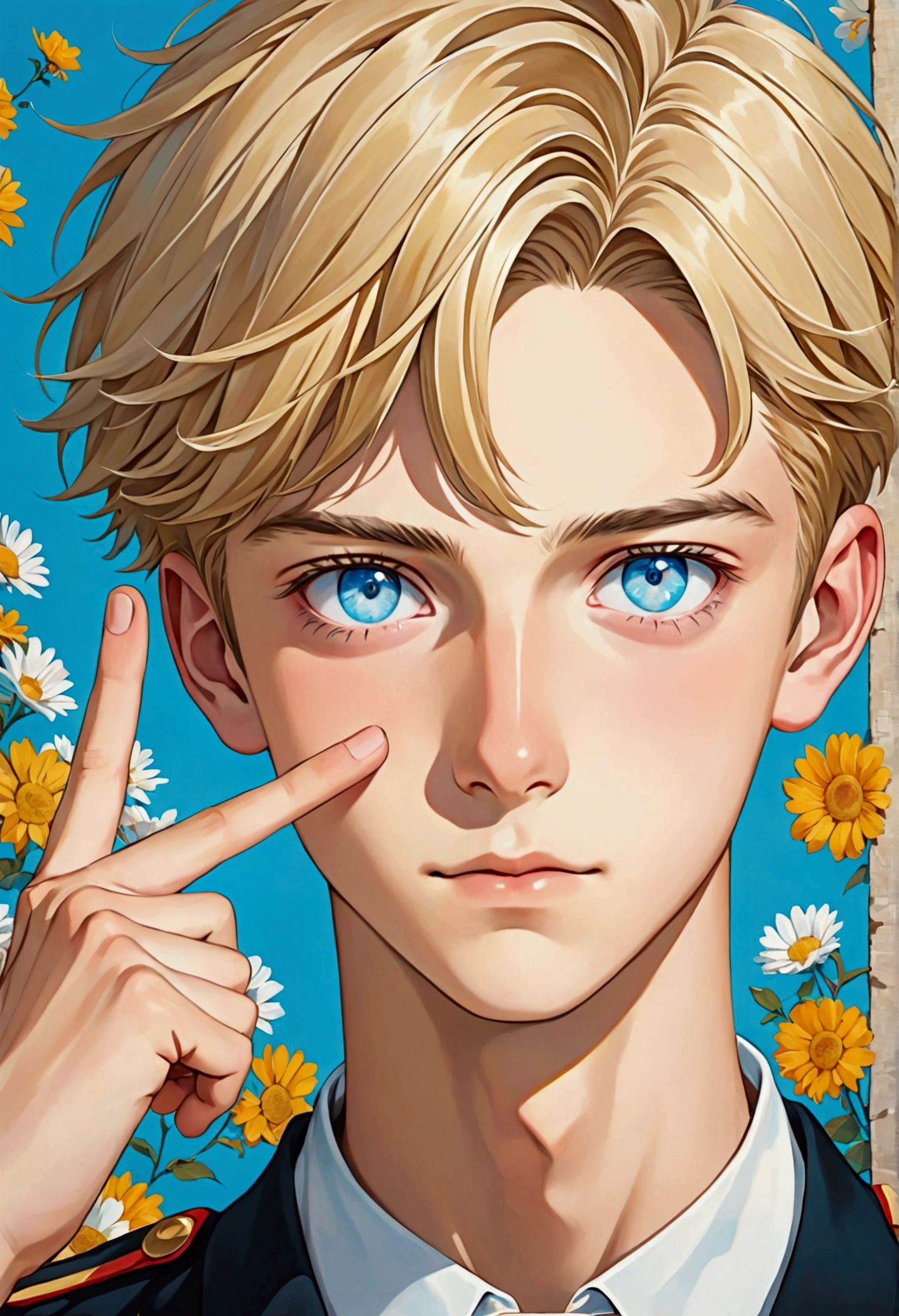 A 16-year-old young man with blonde hair wearing a uniform, light blue eyes, a white star on his left eye, and a slim face. Peace sign next to face