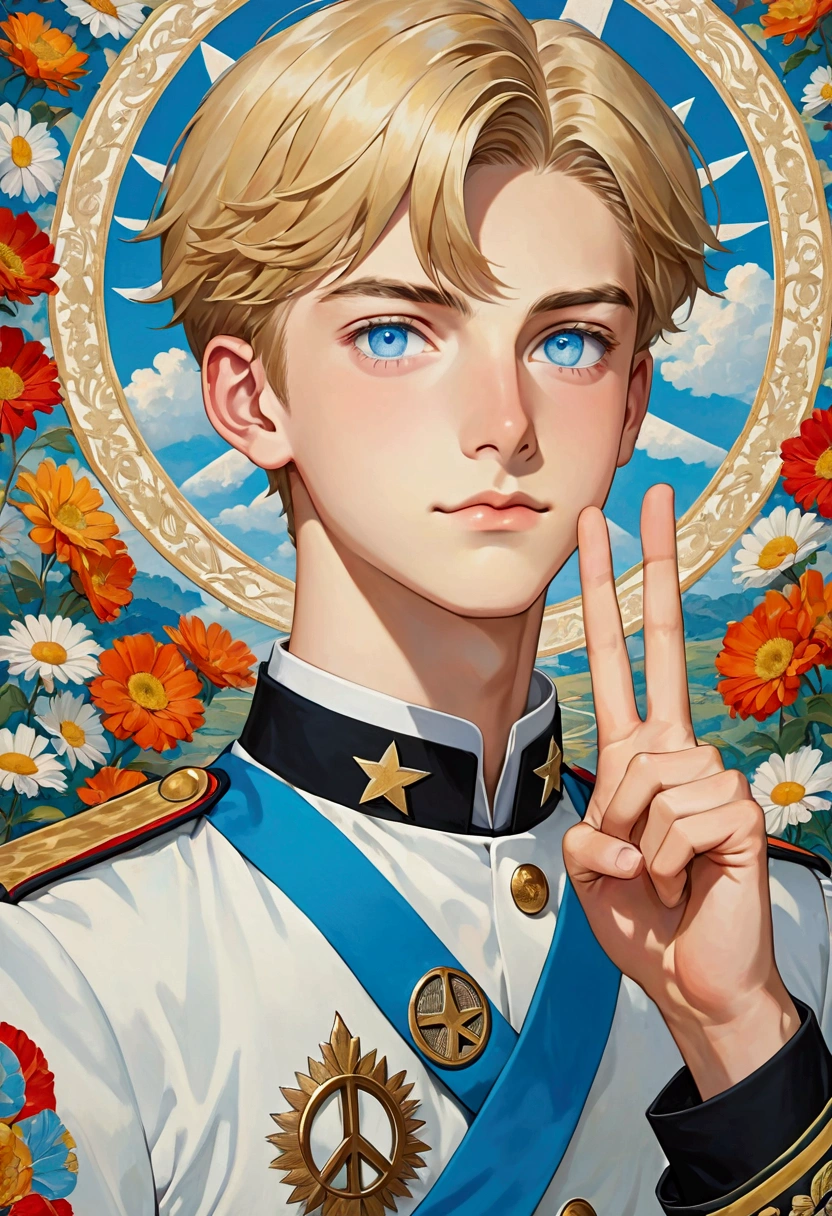 A 16-year-old young man with blonde hair wearing a uniform, light blue eyes, a white star on his left eye, and a slim face.　Peace sign next to face