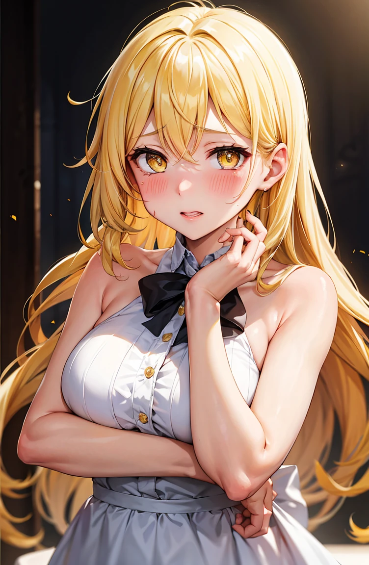 Tabletop, Highest quality, One Girl,Shoot the girl in the front, View your viewers, cute, good, Medium chest, Yellow Eyes,  Behind Wallenstein,  Yellow Hair, Long Hair, Beautiful attention to detail, Embarrassing,blush,is crying,Put your hands on your head,Underarm, Sweaty,(Upper Body:1.3), White Dress,Toilet Background, ((spouse, empowered))