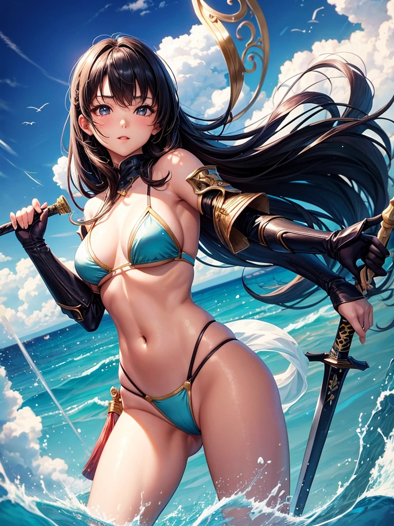 Beautiful Asian girl, 18 years old, light bikini knight girls, sexy lady, medium breasts, camel toe, long sword,