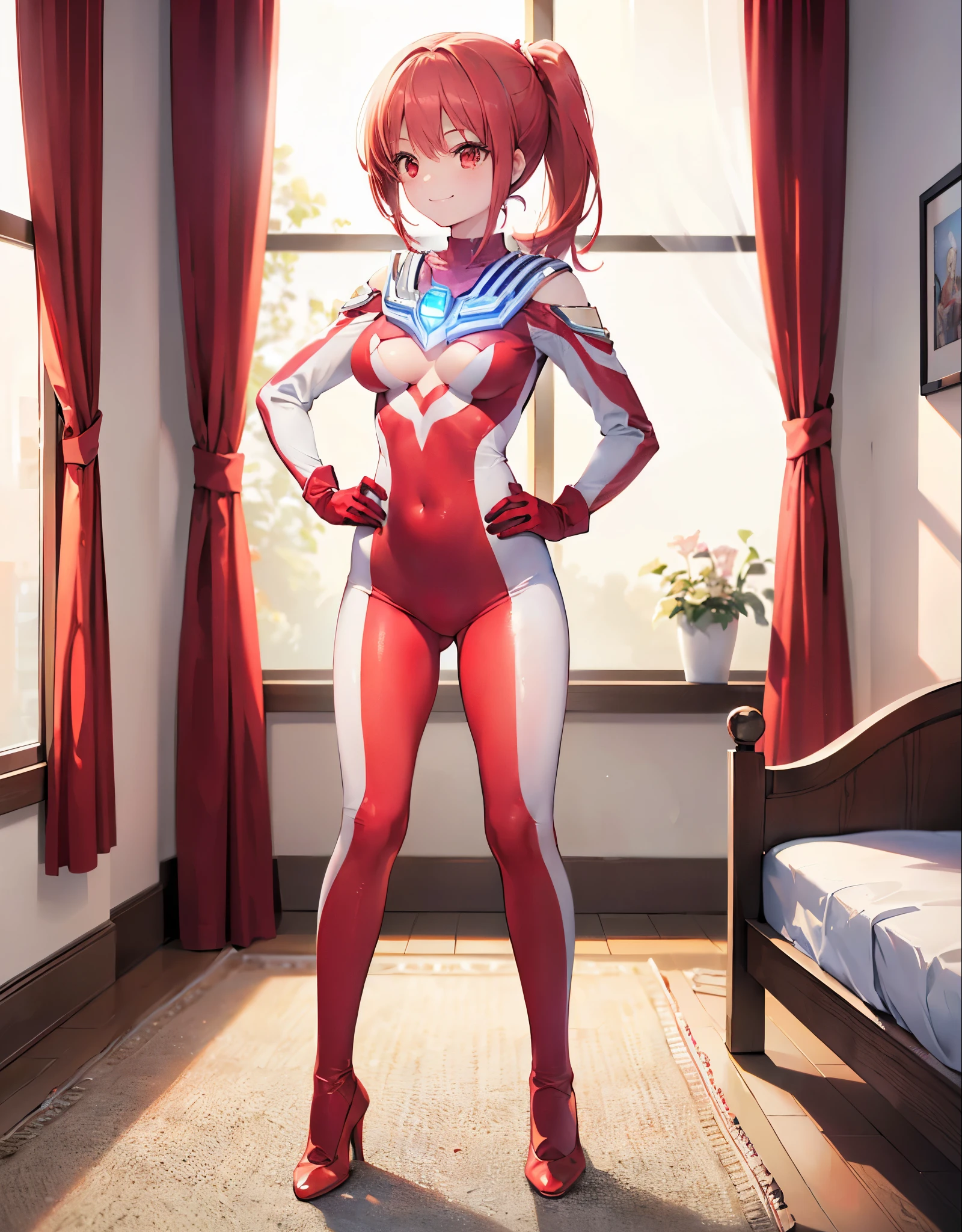 (Close-up:1.3),Realistic,Highest quality, Ultra Detail, High-quality CG rendering, The most delicate and beautiful, Floating softly, High resolution, (1 female), (Highest quality,4K,8k,masterpiece:1.2),(All red hair:1.5), (ponytail:1.5),(Red eyes:1.5), (Ultra Girl:1.0), (All red Ultraman bodysuit:1.4),(Do not expose your skin:1.5),(Slightly larger breasts:1.2),(Red gloves:1.3),(Red Shoes:1.3),(whole body:1.3),(smile:1.3),Small room,bed,(Are standing:1.3),(Place your hands on your hips:1.3)