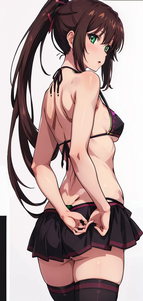 masterpiece, best quality,1girl,solo,kirasaka sayaka,brown hair,long hair,ponytail, hair ribbon, green eyes,,purple thighhighs, wariza, (bikini).