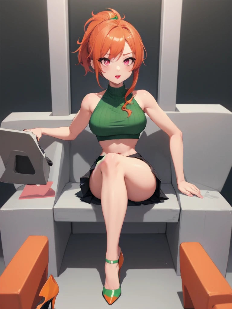  wide hips, thighs, Vicky, ponytail, lipstick, midriff, 1girl, green crop top, pink eyes, pleated mini skirt, orange hair ,solo girl, sitting, crossing legs, high heels