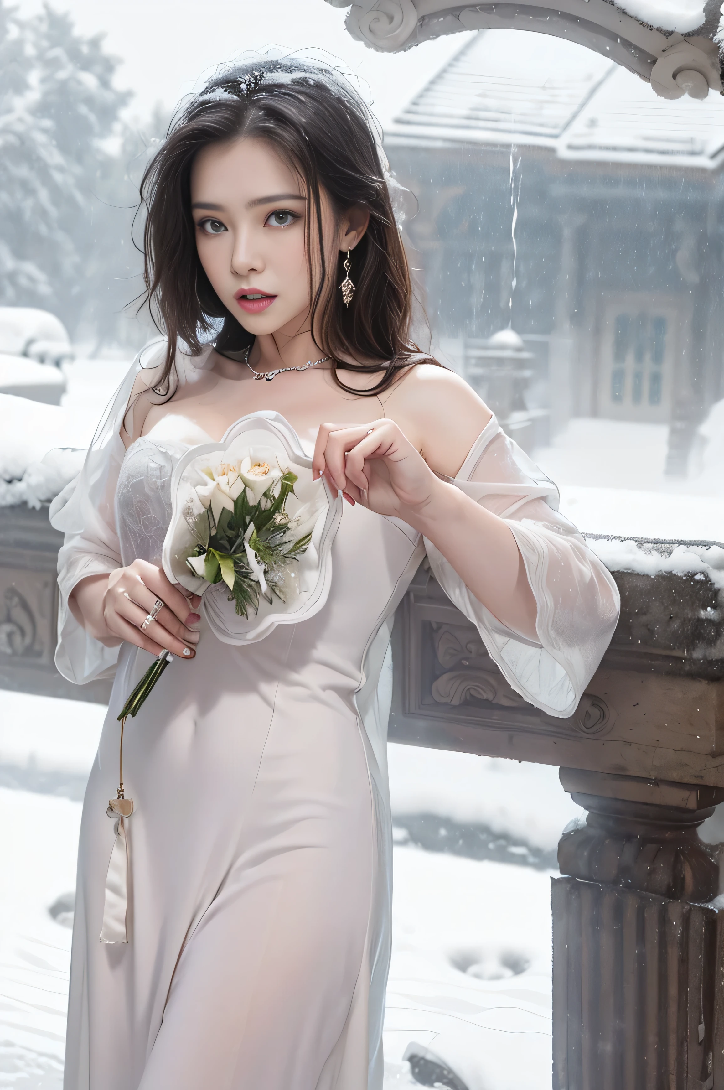 (RAW shooting, Photoreal:1.5, 8K, highest quality, masterpiece, ultra high resolution), ((((heavy snow, Blizzard)))), Highly detailed skin and facial textures:1.3, perfect dynamic composition:1.2, (In front of a church at night in a modern city, expression of sadness:1.0, Tears are flowing:1.0, cry with a broken heart:1.0), Slim office lady wet in the rain:1.3, cowboy shot, Fair skin:1.2, sexy beauty:1.1, perfect style:1.2, beautiful and aesthetic:1.1, very beautiful face:1.2, water droplets on the skin, (rain drips all over my body:1.2, wet body:1.2, wet hair:1.3), (professional dressing:1.1, Holding a bouquet of wet roses:1.2, How to Wear a Wet Pure White Wedding Dress Correctly:1.3), (Medium chest, Bra is sheer, Chest gap),  (Eyes that feel beautiful eros:0.8, Too erotic:0.8, Bewitching:0.8), necklace, earrings, bracelet, wedding ring, Highly detailed hand and finger expressions