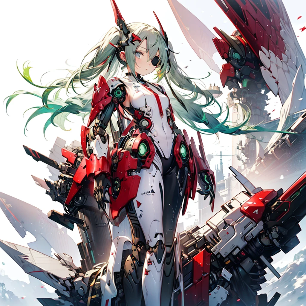 ((((Robot body、Red Spear、red Slim body Reflection of light Lonely)))) (((Twin tails、Yellow-green hair、Blowing in the Wind Brown eyes、Eye patch))) ((horizontal line、evening)) (Shining Background、Shining Edge)
