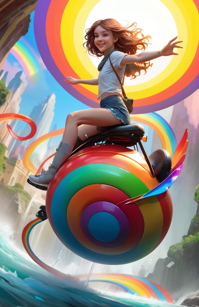 cute young woman riding the rainbow,  wide angle, super highly detailed, professional digital painting, artstation, concept art, smooth, sharp focus, no blur, no dof, extreme illustration, Unreal Engine 5, Photorealism, HD quality, 8k resolution, cinema 4d, 3D, beautiful, cinematic, art by artgerm and greg rutkowski and alphonse mucha and loish and WLOP