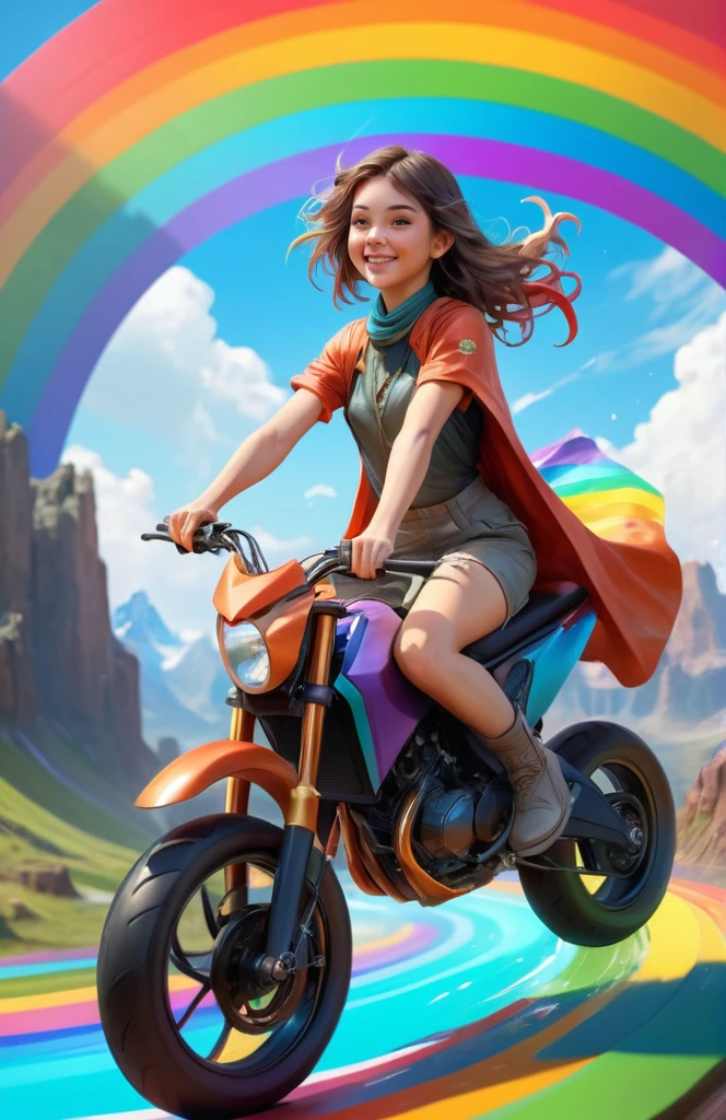 cute young woman riding the rainbow, wide angle, super highly detailed, professional digital painting, artstation, concept art, smooth, sharp focus, no blur, no dof, extreme illustration, Unreal Engine 5, Photorealism, HD quality, 8k resolution, cinema 4d, 3D, beautiful, cinematic, art by artgerm and greg rutkowski and alphonse mucha and loish and WLOP