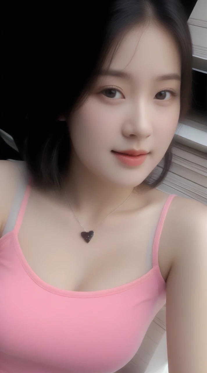 close-up of beautiful korean female, 34 inch breasts size, wearing tank top, necklace, sitting on the blue sofa, bokeh background, UHD