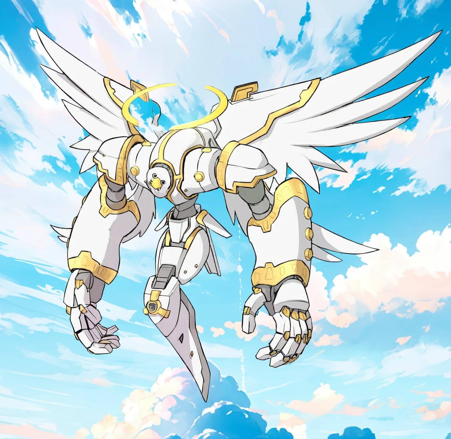 anime style image of a white and gold robot with wings, greek god in mecha style, mecha wings, detailed cosmic angelic robot, ferra white mecha, futuristic robot angel, an anime large mecha robot, anime robotic mixed with organic, angewomon from digimon, flying anime esper, angemon l sitting at the thrown, white mecha